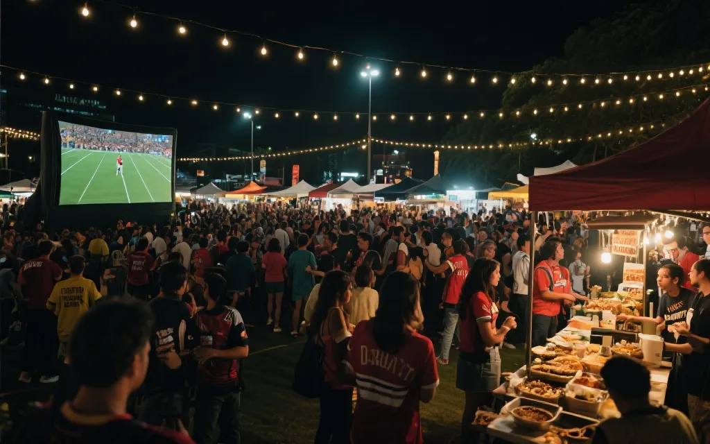 户外夜市大屏幕足球直播，灯串与人群形成节庆氛围