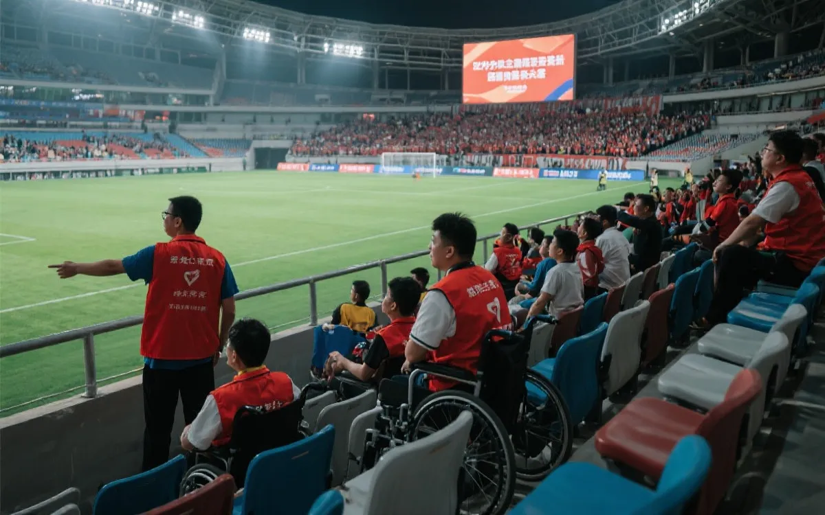 球场看台内的无障碍观赛场景，包含字幕屏与志愿者指引