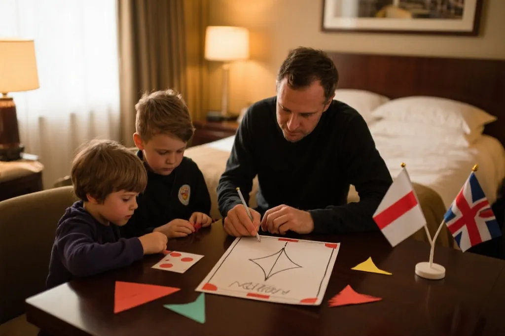 家庭在酒店房间进行亲子观赛互动游戏，桌面有手写赛程卡与小旗帜，温馨纪念感