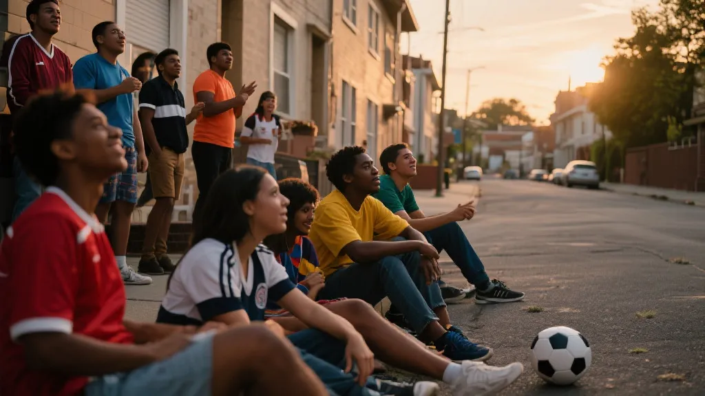 多族群球迷在城市街区共同观赛与庆祝的场景