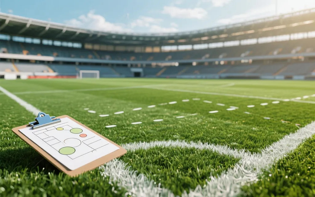 现代化世界杯球场的草皮与战术板意象，强调数据分析与比赛推演
