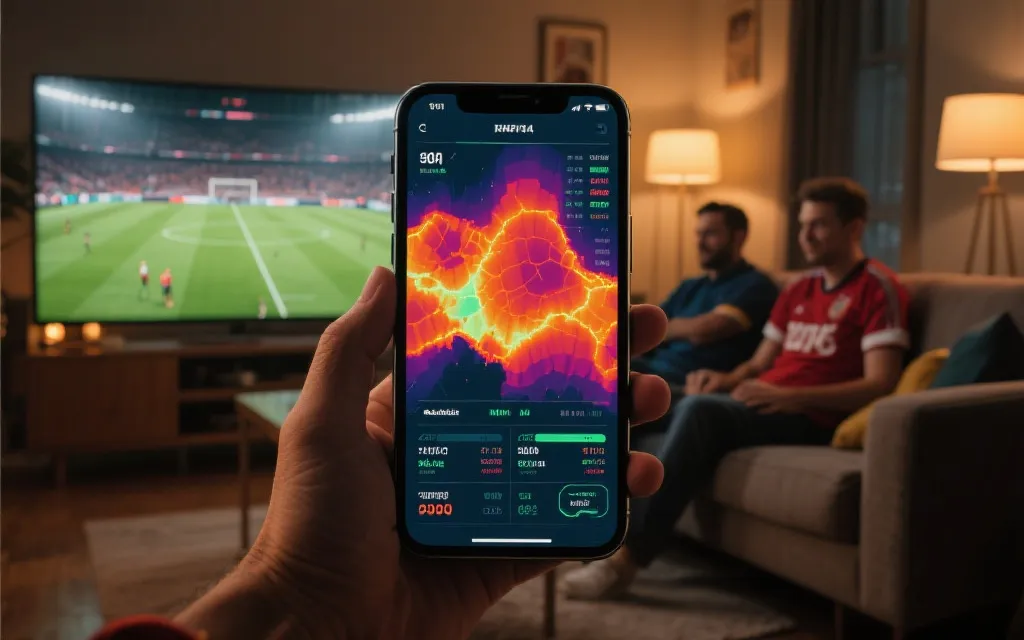 手机AR叠加比赛数据与热图的球迷互动体验概念图