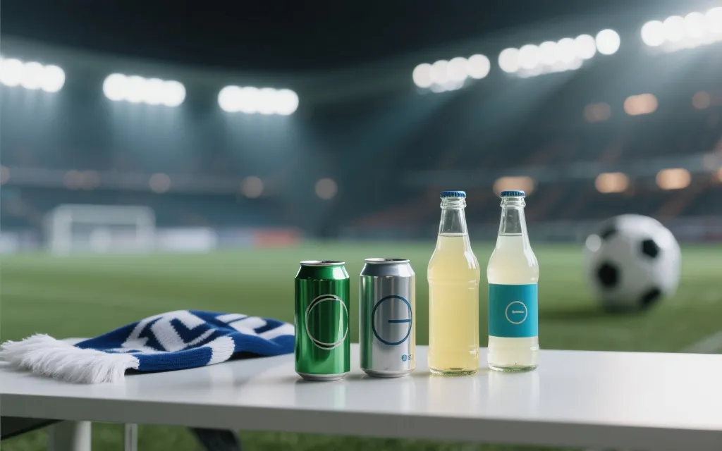 现代感饮料罐与运动观赛道具的静物陈列，强调健康与清爽