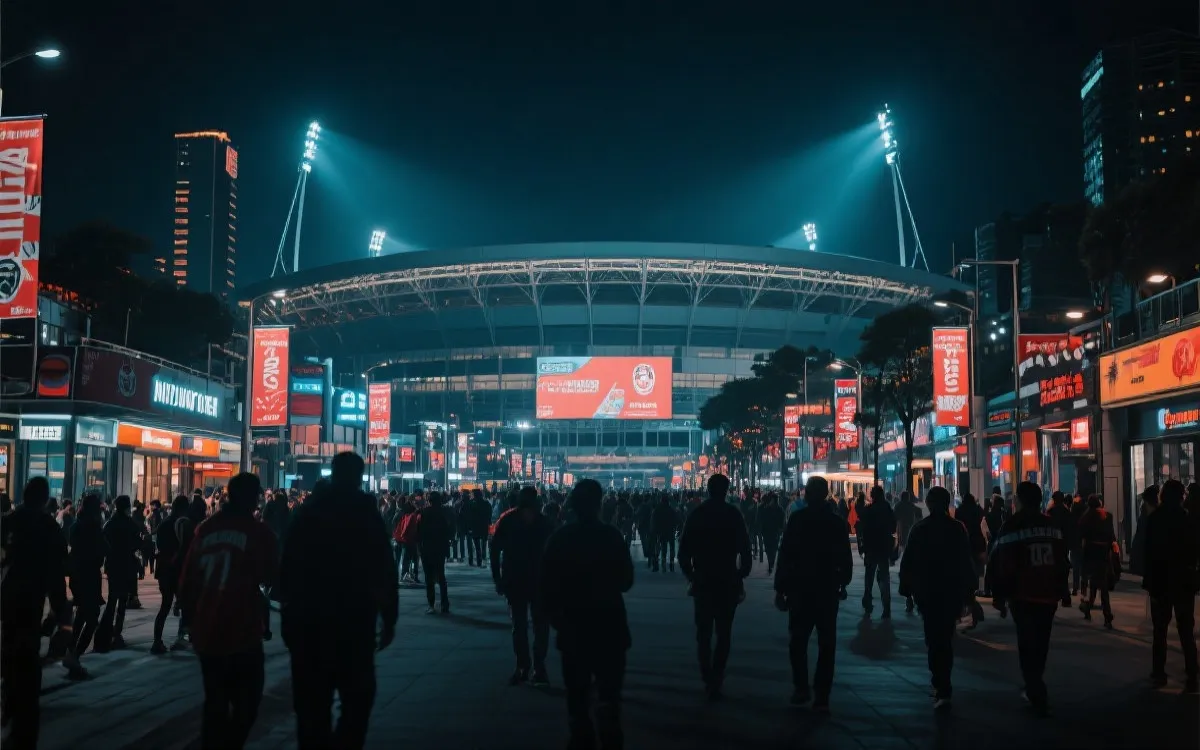 夜幕下的现代大型球场与球迷街区氛围概念图