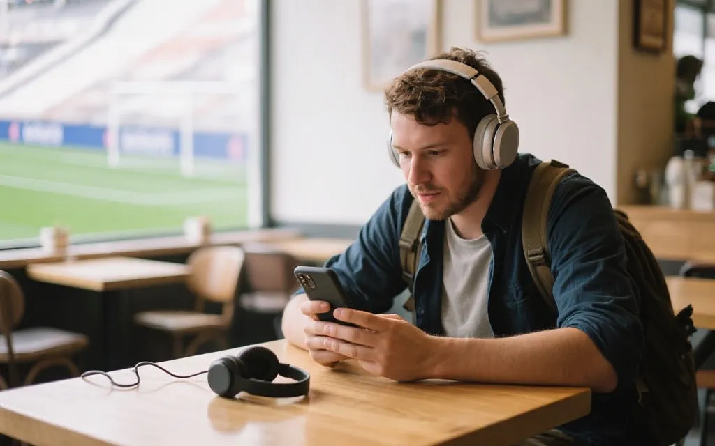 旅行途中在咖啡馆用手机观看足球直播，桌面有耳机与充电线