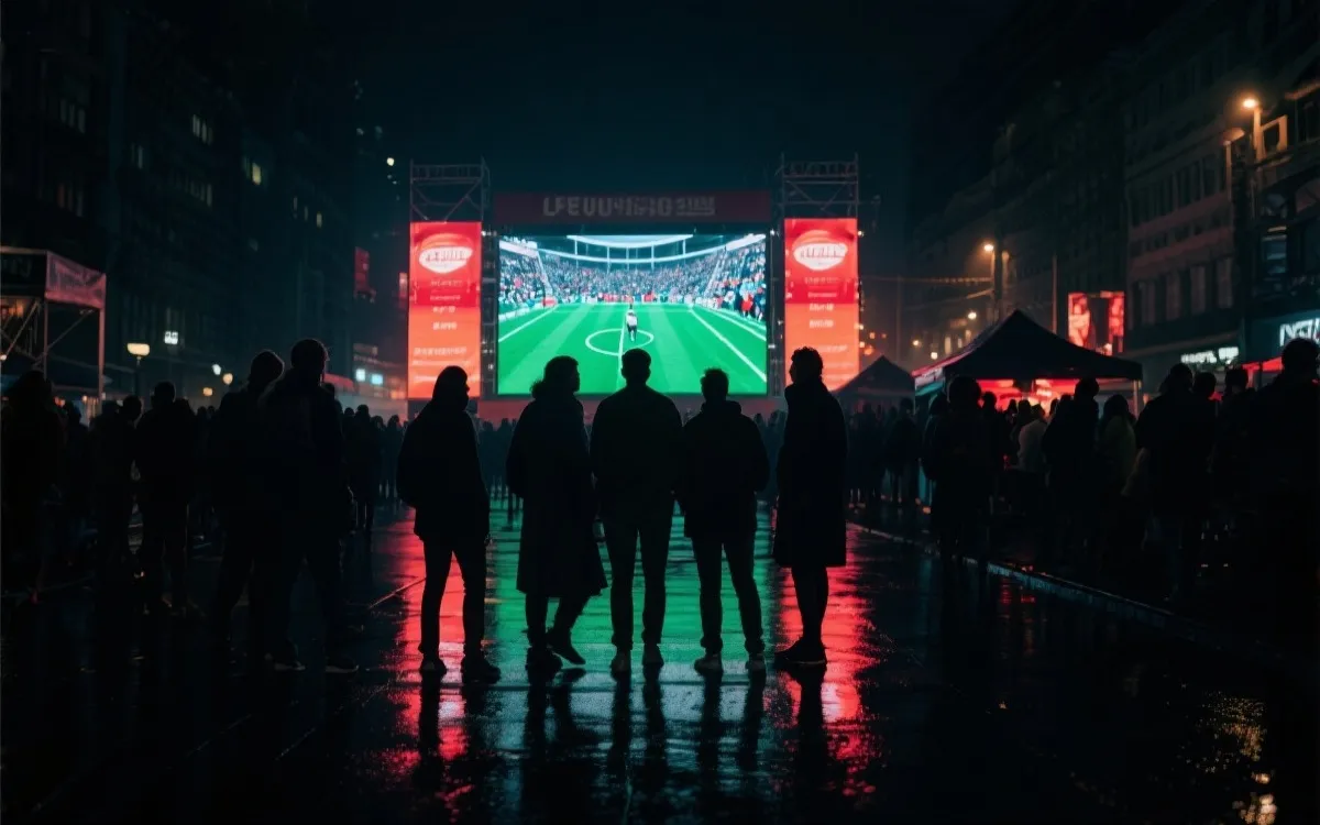 夜晚的城市球迷广场与大屏观赛氛围，雨后霓虹与人群