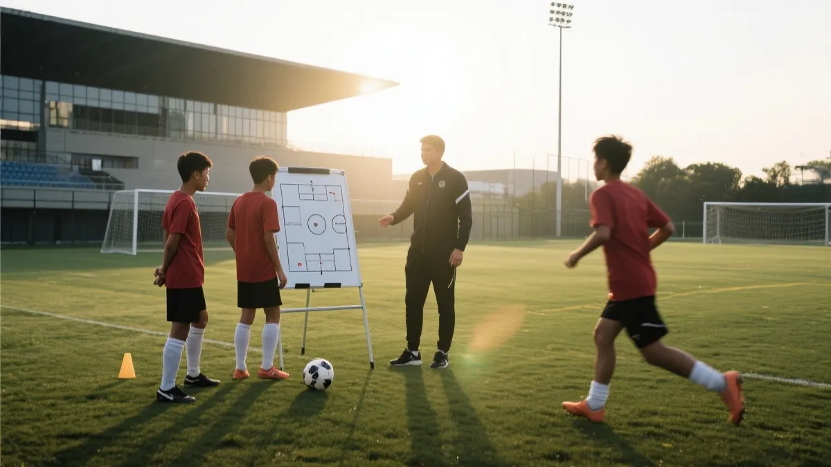 训练基地中的年轻球员与战术板，体现青训与现代训练体系