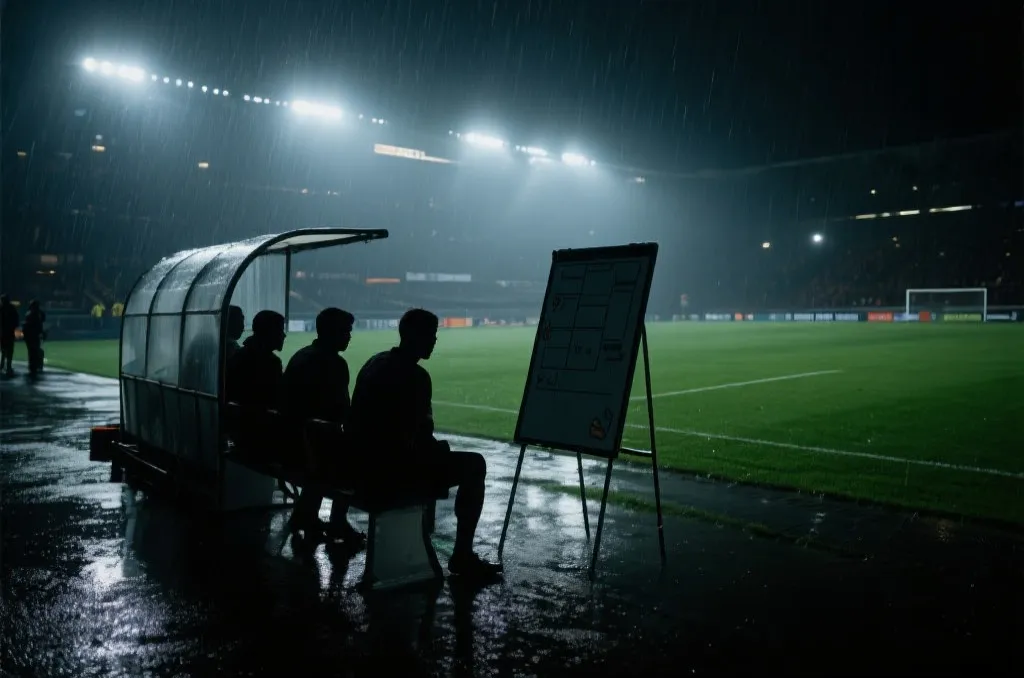 夜间球场在小雨中比赛，替补席与战术板突出，表现淘汰赛细节决定胜负