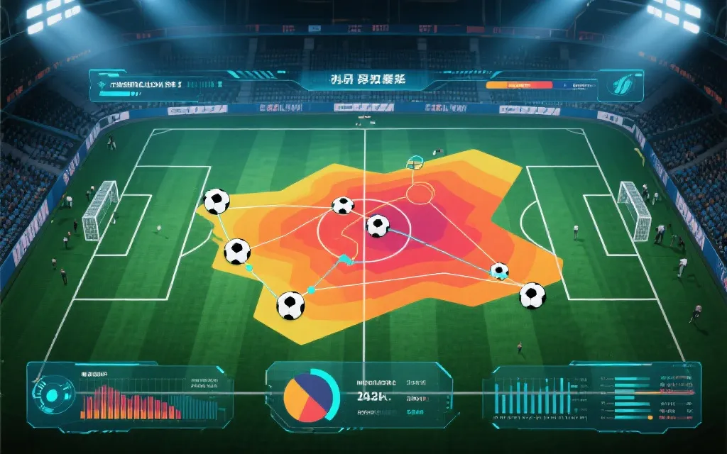 战术分析画面：球场俯视示意图、传球线路与热区图叠加的数据可视化