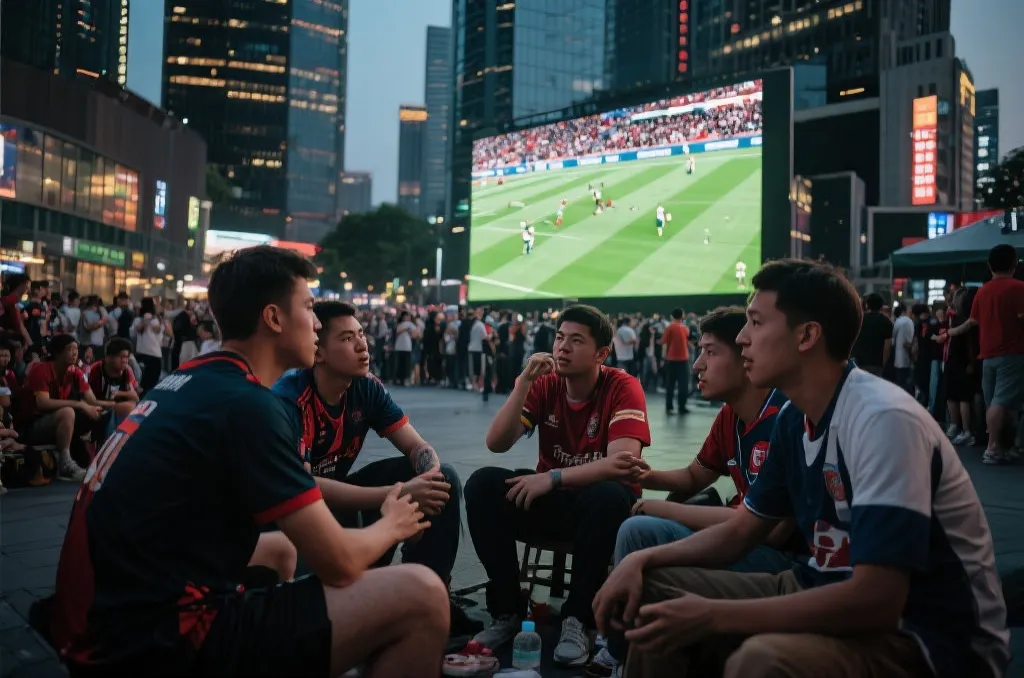 世界杯赛后球迷在城市广场讨论比赛结果