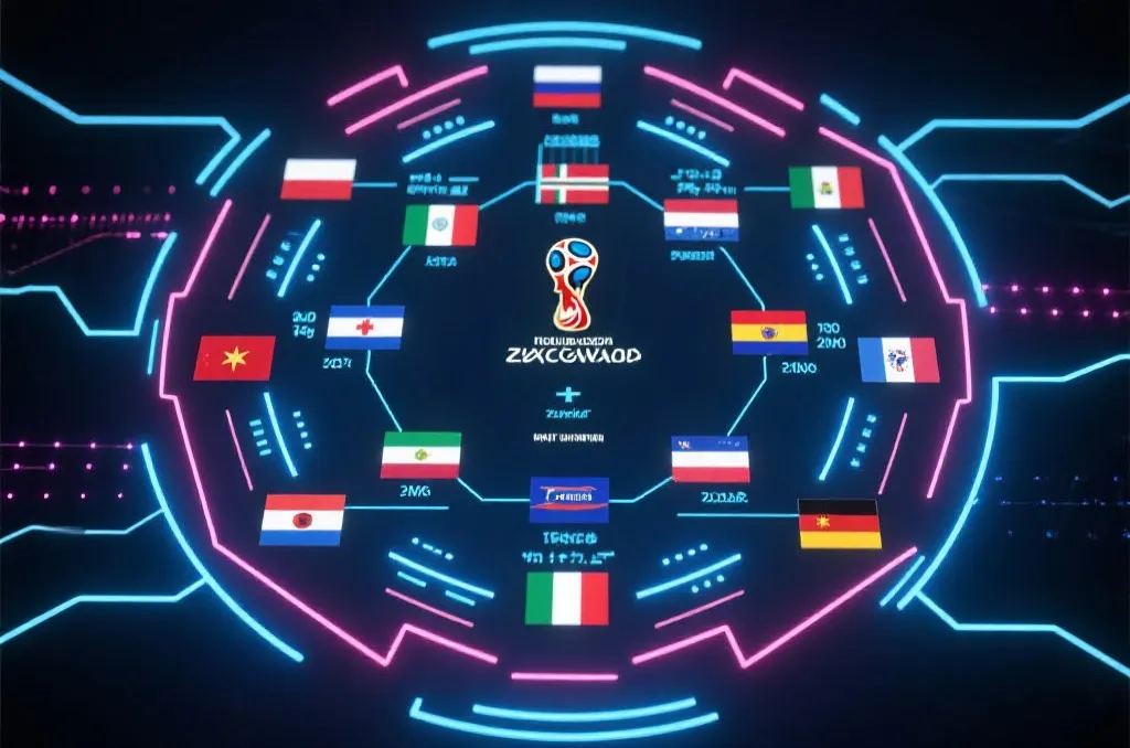 世界杯淘汰赛对阵图概念设计，炫酷的科技感发光线条与国家队旗帜，3D渲染