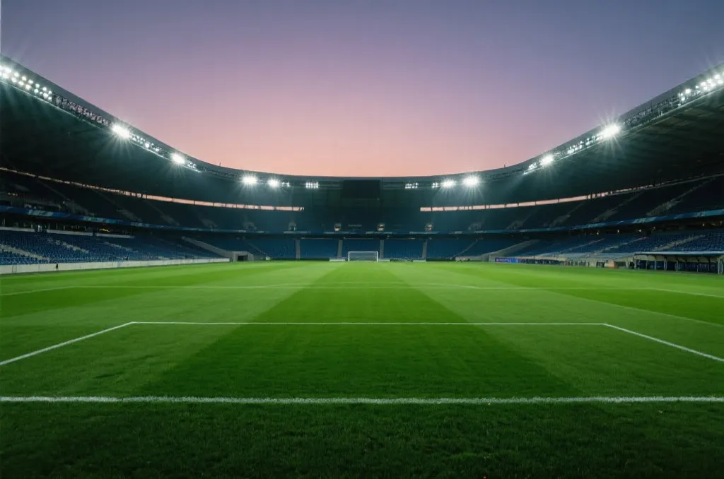 An empty professional soccer stadium at dusk with bright stadium lights illuminating the pitch